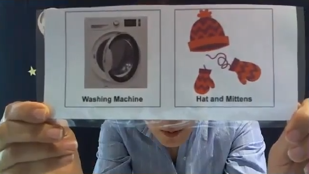 A printed image of a washing machine and hats and mittens. 