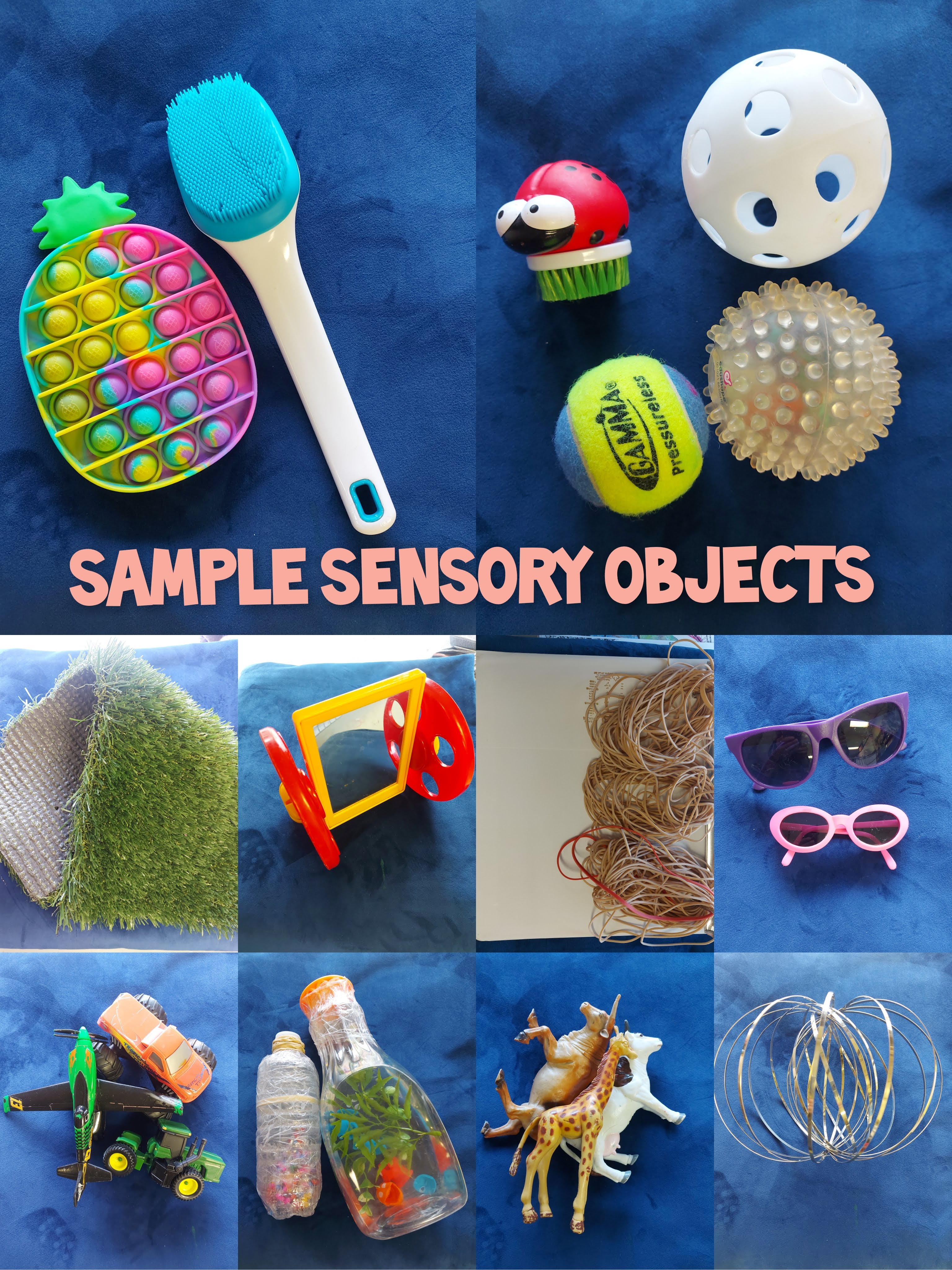 A collage of different sensory items, such as pop it toys, brushes, moving toys, balls with different textures, different eye shades, massagers