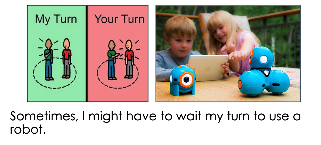 This is a screenshot of a slide that includes three images. The first two images show illuastrations for taking turns and the third image shows two kids playing with dash and dot robots. 