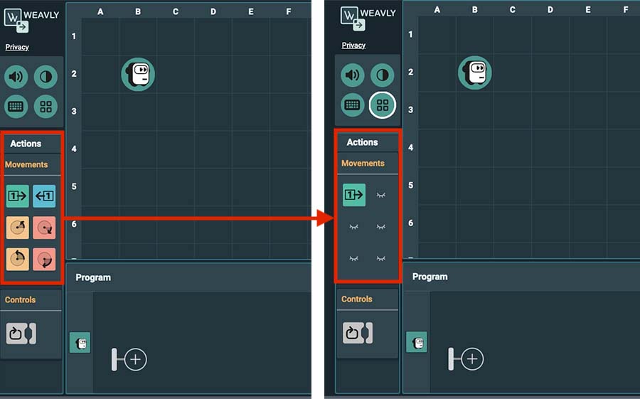 Comparing two screenshots of the Weavly coding environment, one with all action blocks and the other simplified option enabled and having only the move forward action block visible. 